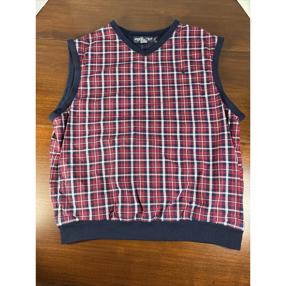 Ralph Lauren POLO GOLF Vest Sz L Red Blue Plaid Pony Pockets Windbreaker Men's